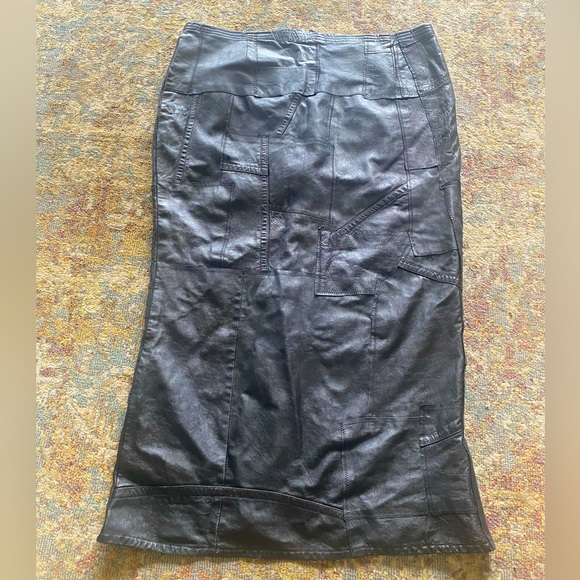 Vtg 90s Black Leather Patchwork Maxi Skirt Sz 3X Goth Biker Boho 46”w Handmade - Picture 2 of 5